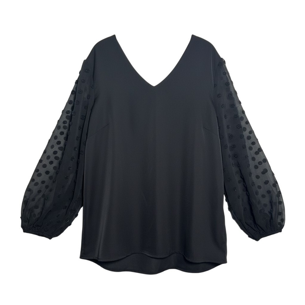 B Collection Black Swiss Dot Sheer Lantern Sleeve V-Neck Y2K Chic Blouse XXXL